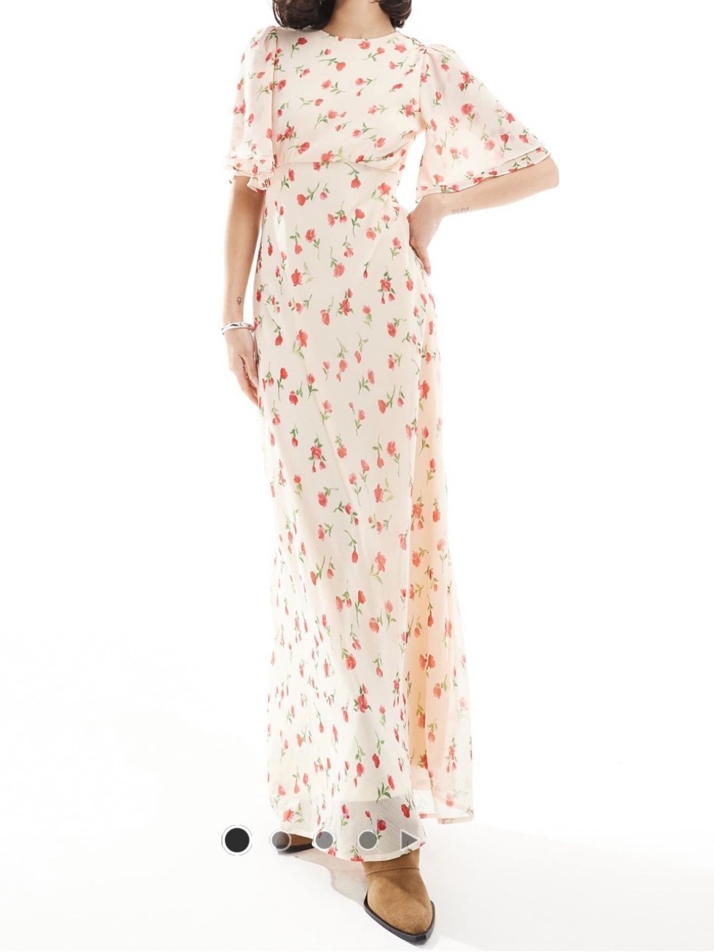 Floral Maxi Dress with Flutter Sleeves - Cream/Pink
